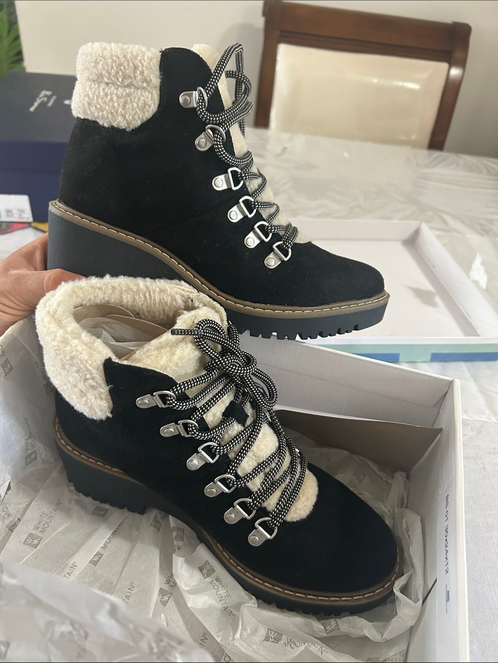White Mountain Black Suede Wedge Lace-Up Boots with Cream Sherpa Collar